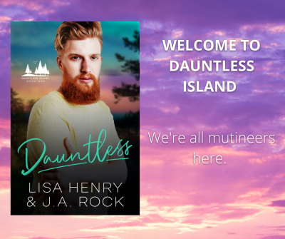 Cover of the novella Dauntless. Cover shows a red headed man with a red beard. Text beside the cover states "Welcome to Dauntless Island. We're all mutineers here." 