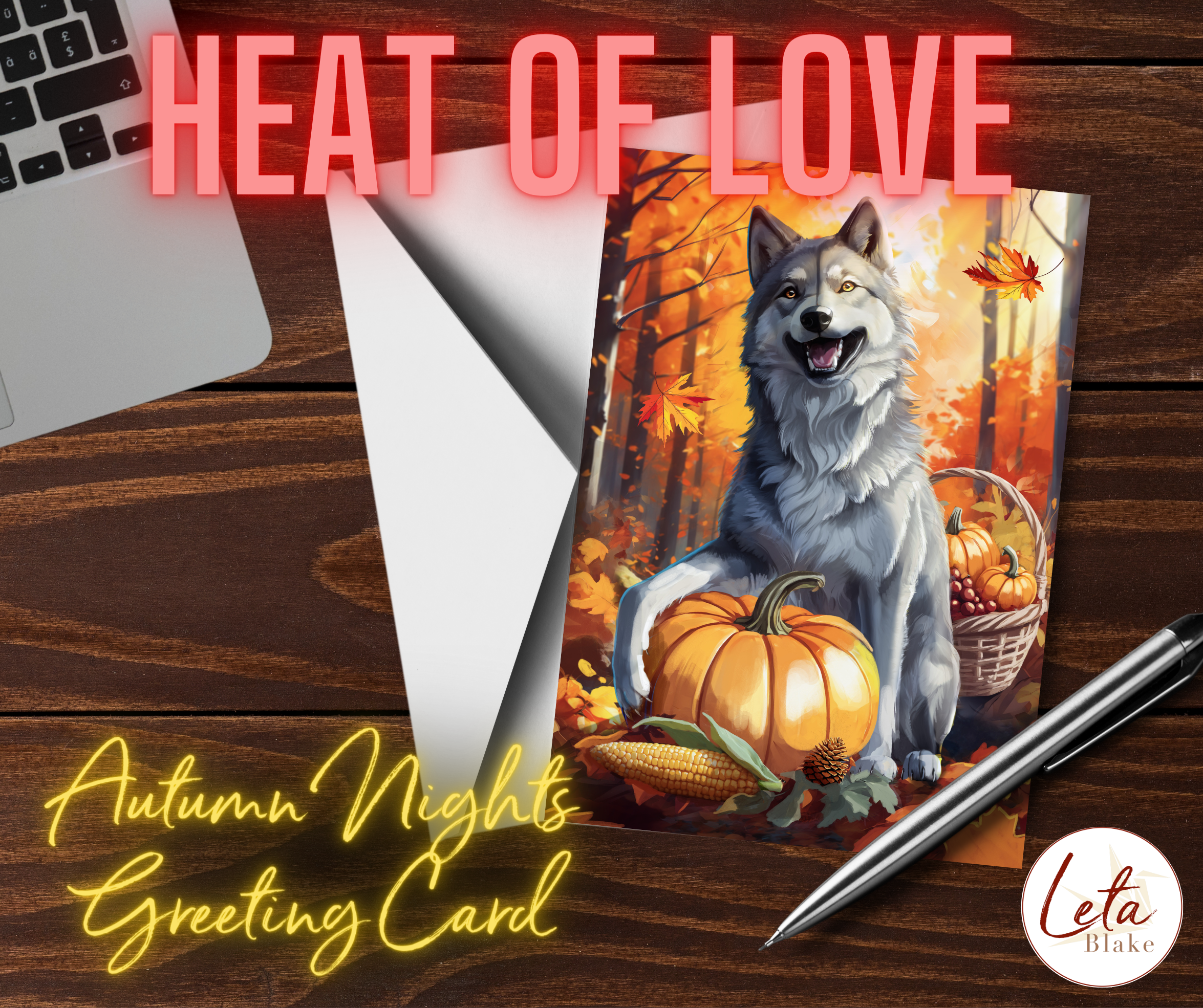 Card and envelope on dark wooden desk top with a silver pen and laptop. Card image is a smiling grey wolf with pumpkin, corn, other harvest vegetables. Image text says "Heat of Love" and "Autumn Nights Greeting Card"